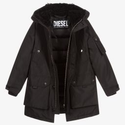 Diesel-Boys Black Hooded Parka Coat | Childrensalon Outlet