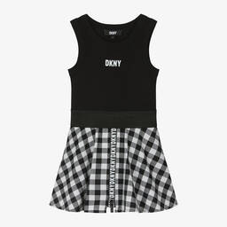 DKNY-فستان قطن جينغهام لون أسود وأبيض | Childrensalon Outlet