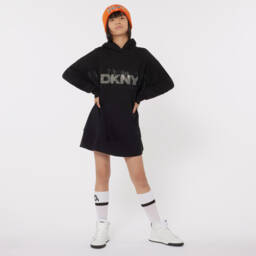 DKNY-Girls Black Hooded Dress with Rhinestones | Childrensalon Outlet