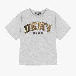 DKNY-Girls Metallic Logo Grey Tee | Childrensalon Outlet