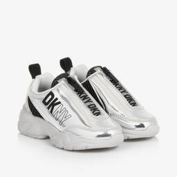 DKNY-Girls Silver Mirror Faux Leather Trainers | Childrensalon Outlet