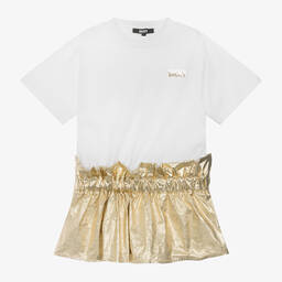 DKNY-Girls White & Gold Cotton Dress | Childrensalon Outlet
