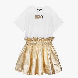 DKNY-Girls White & Gold T-Shirt Dress | Childrensalon Outlet