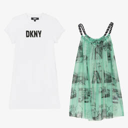 DKNY-Girls White & Green 2-in-1 Dress | Childrensalon Outlet
