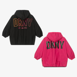 DKNY-Teen Girls Black & Pink Reversible Logo Coat | Childrensalon Outlet