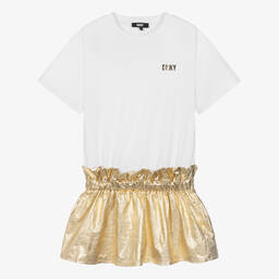 DKNY-Teen Girls White & Gold Cotton Dress | Childrensalon Outlet
