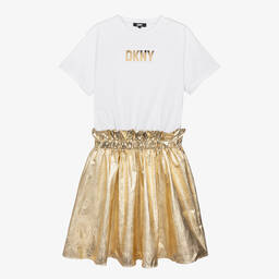 DKNY-Teen Girls White & Gold T-Shirt Dress | Childrensalon Outlet