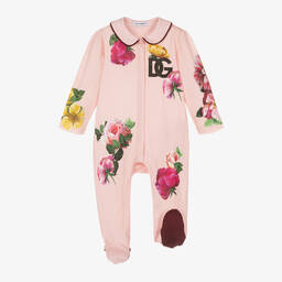 دولتشي آند غابانا-طقم أفرول قطن لون زهري بطبعة ورود للمولودات | Childrensalon Outlet