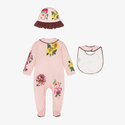 دولتشي آند غابانا-طقم أفرول قطن لون زهري بطبعة ورود للمولودات | Childrensalon Outlet