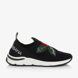 Dolce & Gabbana-Черные кроссовки-слипоны с розами | Childrensalon Outlet