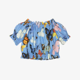 Dolce & Gabbana-Girls Blue Butterfly Cotton Blouse | Childrensalon Outlet