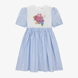 Dolce & Gabbana-Girls Blue Striped Dress with Floral Emblem | Childrensalon Outlet