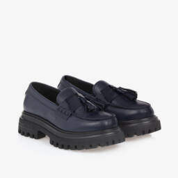Dolce & Gabbana-Girls Dark Blue Leather Moccasins | Childrensalon Outlet