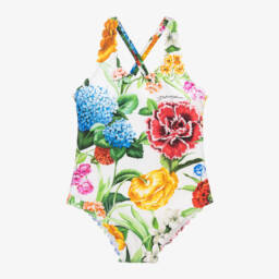 Dolce & Gabbana-Girls Ivory Floral Print Swimsuit | Childrensalon Outlet