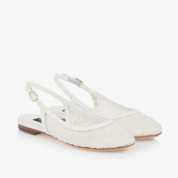 Dolce & Gabbana-Girls Ivory Leather & Mesh Open-Back Flats | Childrensalon Outlet