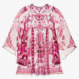 Dolce & Gabbana-فستان حرير شيفون لون أبيض وزهري بطبعة ماجوليكا | Childrensalon Outlet