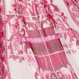 Dolce & Gabbana-فستان حرير شيفون لون أبيض وزهري بطبعة ماجوليكا | Childrensalon Outlet