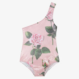 Dolce & Gabbana-Girls Pink Rose Asymmetric Swimsuit | Childrensalon Outlet