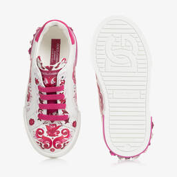 Dolce & Gabbana-Girls Pink & White Leather Majolica Trainers | Childrensalon Outlet