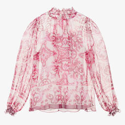 Dolce & Gabbana-بلوز بطبعة ماجوليكا حرير لون زهري وأبيض | Childrensalon Outlet