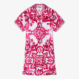 Dolce & Gabbana-فستان بطبعة ماجوليكا حرير لون زهري وأبيض | Childrensalon Outlet