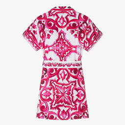 Dolce & Gabbana-فستان بطبعة ماجوليكا حرير لون زهري وأبيض | Childrensalon Outlet