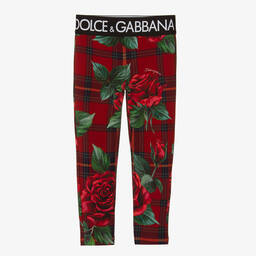 Dolce & Gabbana-Girls Red Cotton Tartan & Rose Leggings | Childrensalon Outlet