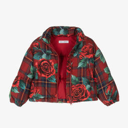 Dolce & Gabbana-Красный пуховик в клетку с розами | Childrensalon Outlet
