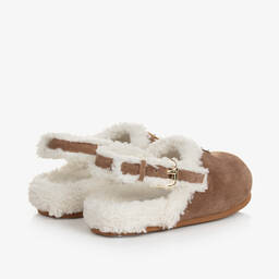 Dolce & Gabbana-Girls Tan Brown Leather & Sherpa Mules | Childrensalon Outlet