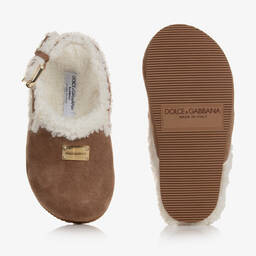 Dolce & Gabbana-Girls Tan Brown Leather & Sherpa Mules | Childrensalon Outlet