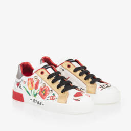 Dolce & Gabbana-Girls White Leather Tulip Trainers | Childrensalon Outlet