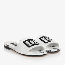 Dolce & Gabbana-Girls White Patent Leather DG Sliders | Childrensalon Outlet