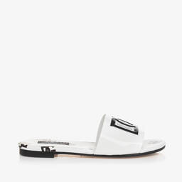 Dolce & Gabbana-Girls White Patent Leather DG Sliders | Childrensalon Outlet