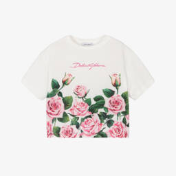 Dolce & Gabbana-Футболка Белая с Розовыми Цветами для девочек | Childrensalon Outlet