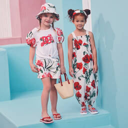 Dolce & Gabbana-جمبسوت قطن بوبلين لون أبيض بطبعة ورود للبنات | Childrensalon Outlet
