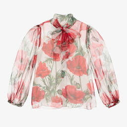Dolce & Gabbana-Girls White Poppy Silk Chiffon Blouse | Childrensalon Outlet