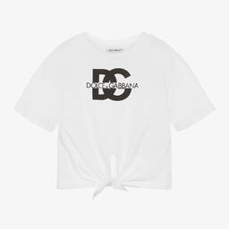 Dolce & Gabbana-Girls White Tie Front Cotton T-Shirt | Childrensalon Outlet