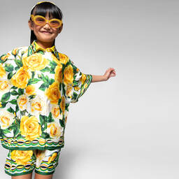 Dolce & Gabbana-Girls Yellow Rose Print Silk Shorts | Childrensalon Outlet