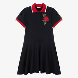 Dolce & Gabbana-Teen Girls Navy Blue Rose Polo Dress | Childrensalon Outlet