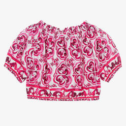 Dolce & Gabbana-بلوز قطن بوبلين لون زهري وأبيض بطبعة ماجوليكا | Childrensalon Outlet