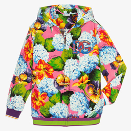 Dolce & Gabbana-توب هودي بسحّاب تينز بناتي قطن جيرسي لون زهري بطبعة ورود | Childrensalon Outlet