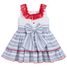 Dolce Petit-فستان قطن و كتّان لون أبيض و أزرق | Childrensalon Outlet