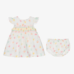 Dr. Kid-طقم فستان وقبعة قطن موسلين لون أبيض للمولودات | Childrensalon Outlet