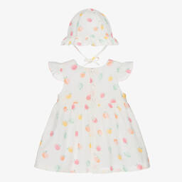 Dr. Kid-طقم فستان وقبعة قطن موسلين لون أبيض للمولودات | Childrensalon Outlet