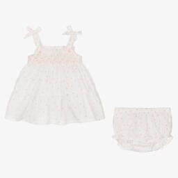 Dr. Kid-فستان قطن لون أبيض وزهري للمولودات | Childrensalon Outlet