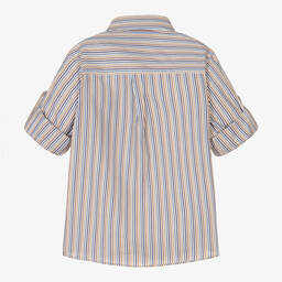 Dr. Kid-Boys Beige & Blue Stripe Cotton Shirt  | Childrensalon Outlet