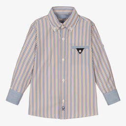 Dr. Kid-Boys Beige & Blue Stripe Cotton Shirt  | Childrensalon Outlet