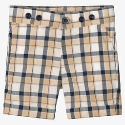 Dr. Kid-Boys Blue & Beige Cotton Check Shorts  | Childrensalon Outlet
