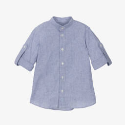 Dr. Kid-Boys Collarless Blue Linen Blend Shirt | Childrensalon Outlet