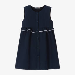 Dr. Kid-Girls Navy Blue Linen & Cotton Dress  | Childrensalon Outlet